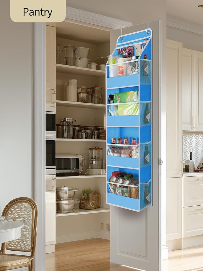 Yecaye 5 Tier 2Pc Over the Door Organizer, Swing-proof Door Organizer Hanging with Clear PVC Windows, Behind the Door Storage for Bedroom Nursery Closet Laundry Pantry Bathroom, Soft Sky Blue