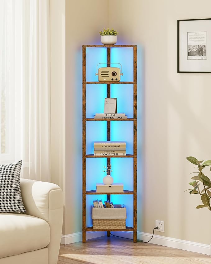 TUTOTAK Corner Shelf with LED Light, 6-Tier Corner Bookshelf for Small Space, Narrow Display Corner Shelf Stand with Storage Rack, for Living Room, Bedroom, Brown BS05BC006L