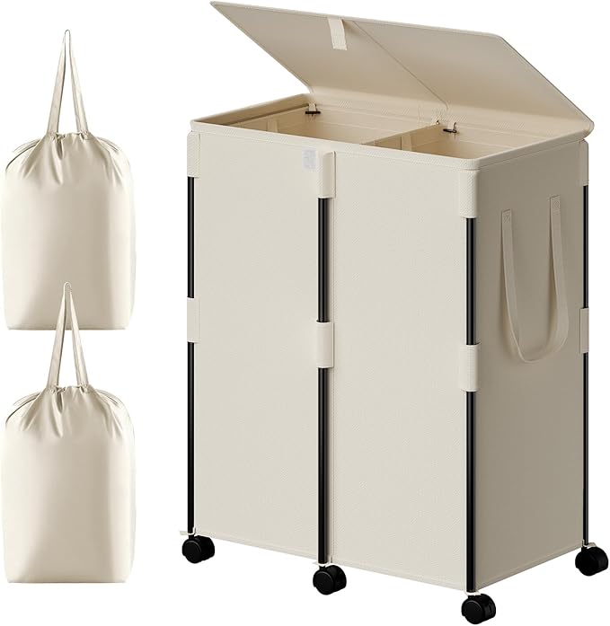 Chrislley 160L Large Double Laundry Hamper with Lid and 6 Wheels, Rolling Laundry Basket with 2 Removable Bags, Heavy Duty Metal Frame Laundry Cart, Dirty Clothes Hamper for Bathroom, Bedroom (Beige)