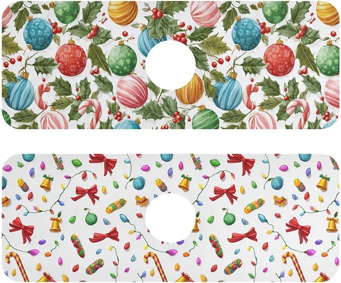 Christmas Baubles Holly Bells Sweet Kitchen Sink Splash Guard Sink Faucet Mat Faucet Handle Drip Catcher Drain Mats for Kitchen Bathroom Countertop Absorbent Dish Drying Pad 2Pack 1