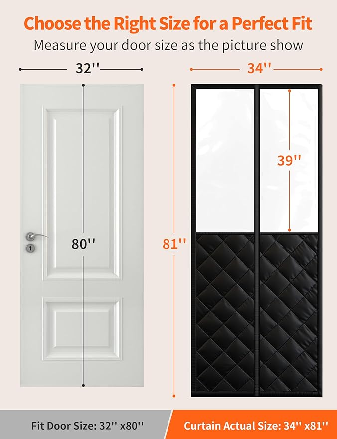 Magnetic Thermal Insulated Door Curtain for 32"x 80" Doors, Winter Door Cover with Clear Window, Pet Friendly Self-Closing Blanket for Doorway to Block Draft (Curtain Size 34"x 81")