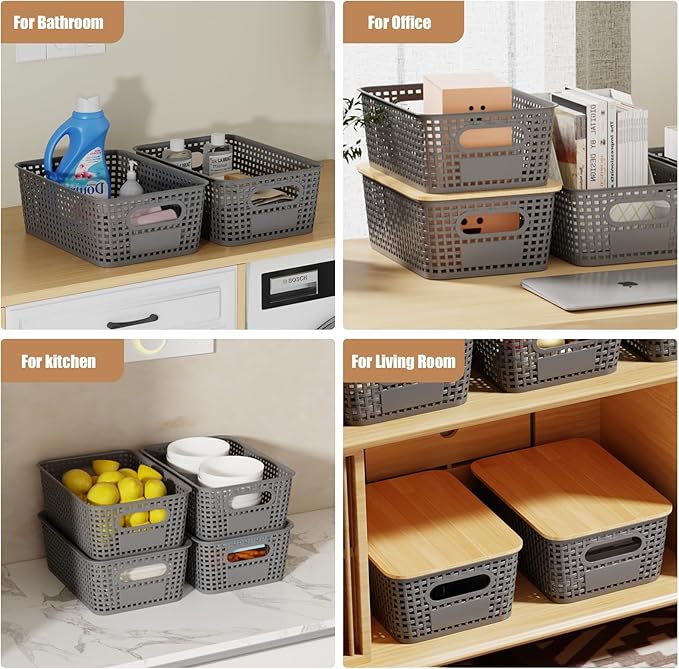 8 PCS Plastic Storage Bins with Bamboo Lid, Stackable Storage Bins with Lids & Labels for Organizing, Storage Bins for shelves, Office, Drawer, Cabinet & Pantry,Nursery Organization,10.2x7.2x4 .1In