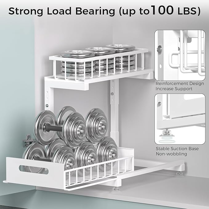 Under Sink Organizer, 2-Tier Premium Metal Pull-Out Racks with Adjustable Height, Heavy Duty Sliding Bin for Bathroom and Kitchen Cabinet Storage, Rust Resistant 2 Pack