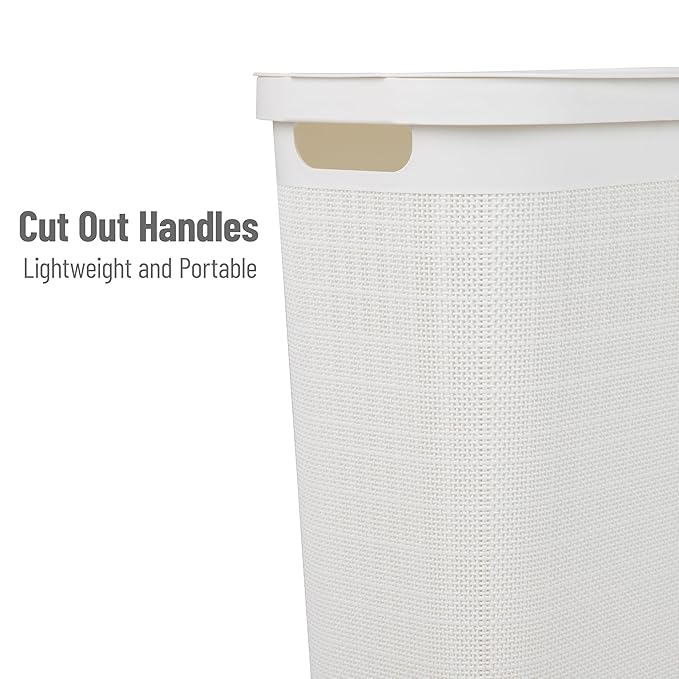 Mind Reader Slim Laundry Hamper with Lid, 40L Clothes Basket, Linen Design, Plastic, White