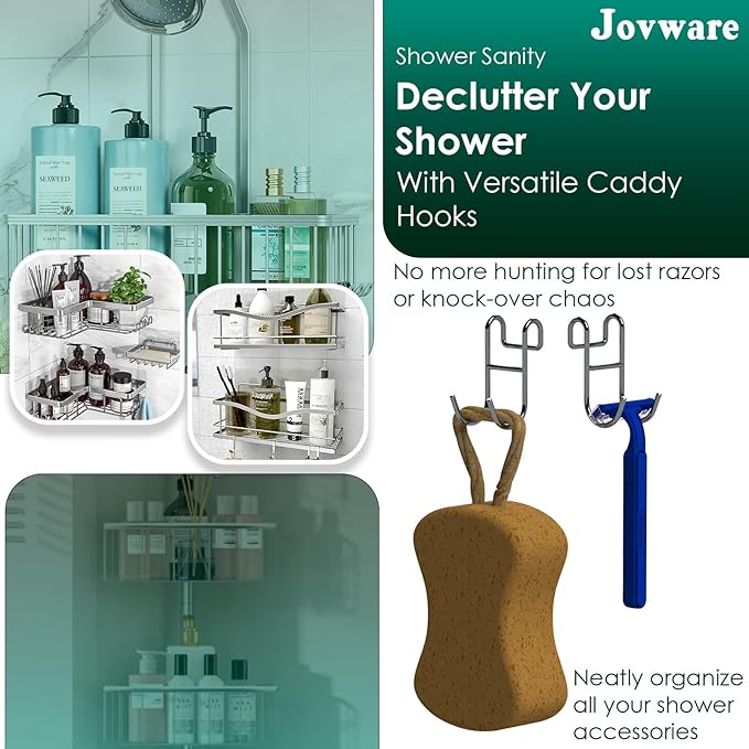 Shower Caddy With Hooks - Razor Holder and Loofah Hanger 2 Pack Silver