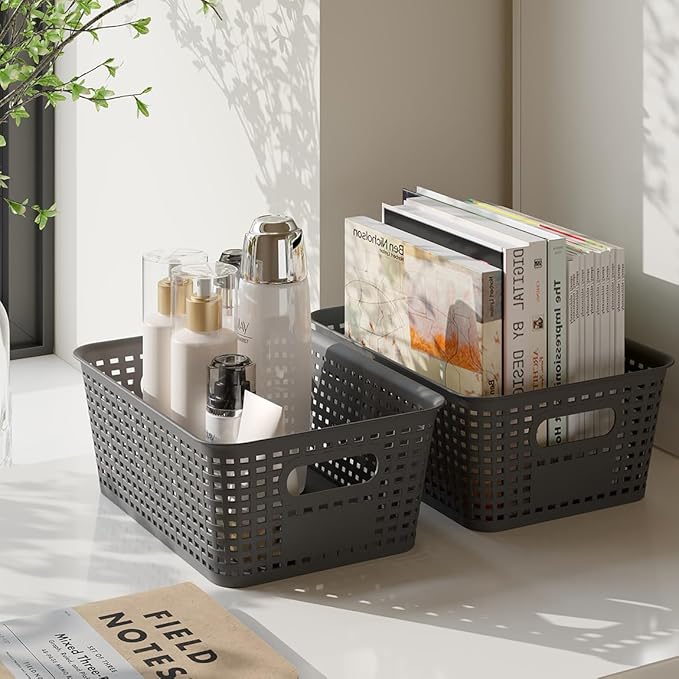 6-Pack Plastic Storage Bins with Lids, Stackable Organizer Baskets & Containers for Pantry, Kitchen, Cabinet, Closet, Bathroom Organization Toys, Space Saving, Easy-Carry Handles,Gray