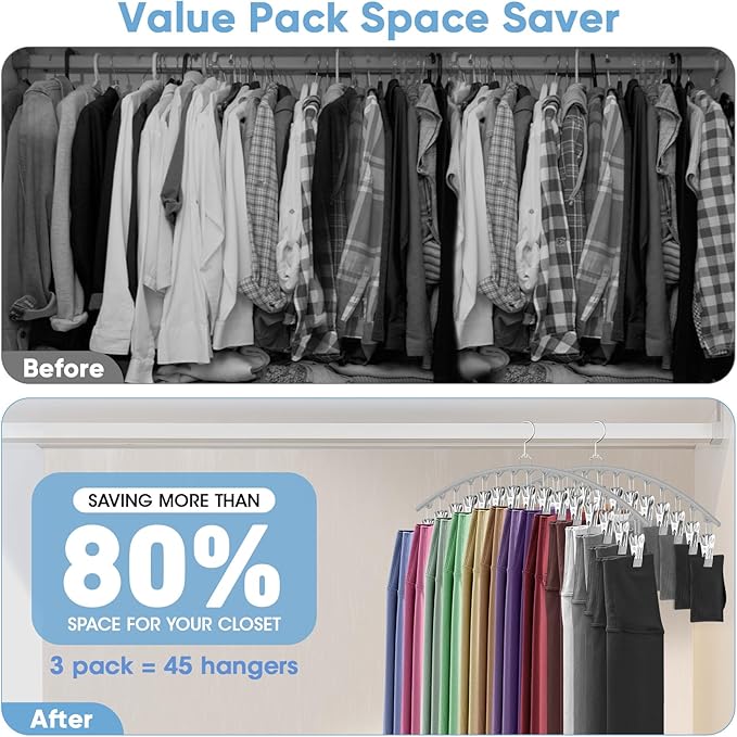 3 Pack Legging Organizer for Closet Hanging, Pants Hangers with Clips Holds 45 Leggings, Shorts, Skirts, Jeans, Hats, Pants Hangers Space Saving Clothes Racks Closet Organizers and Storage, Grey