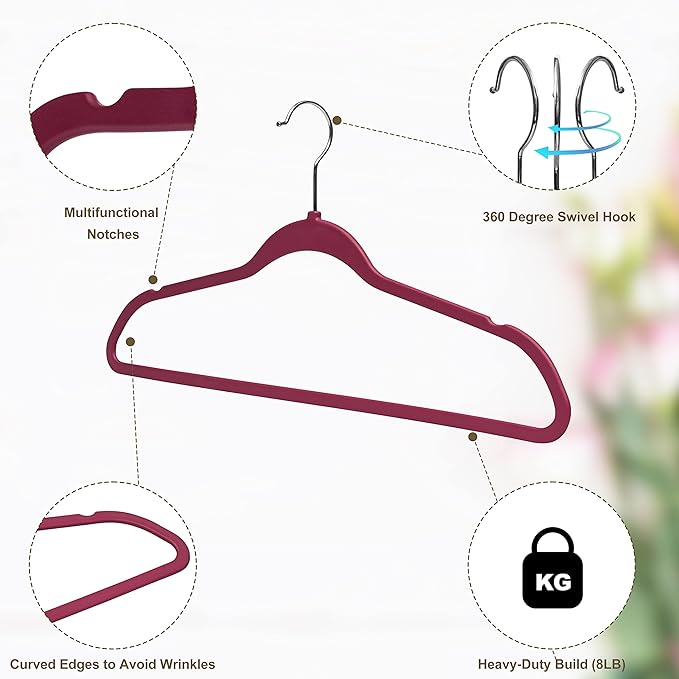 Quality Hangers 50 Pack Slim Plastic Hangers for Clothes - Sturdy Non-Velvet Pink Hangers with 360° Swivel Chrome Hook & Notches - Versatile for Coats Shirts Dresses – Raspberry