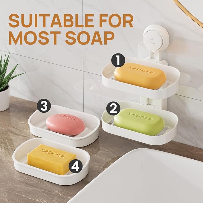 LEVERLOC Soap Dish Holder for Shower Double Layer Suction Cup Wall Mounted NO-Drilling Self Draining Removable Waterproof Strong Suction Bar Soap Sponge Holder for Shower Bathroom Bathtub Kitchen