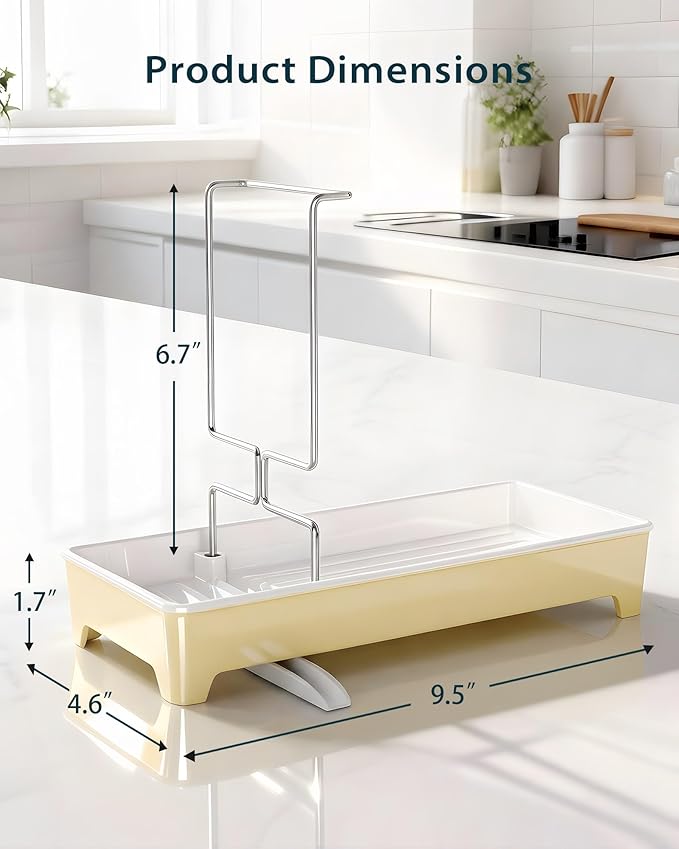 Minimalist Sink Caddy, Rustproof Sponge Holder for Kitchen Sink with 304 Stainless-Steel Brush Holder, Countertop Rack Organizer with Raised Ridges & Silicone Drain Tube (Pastel Yellow)