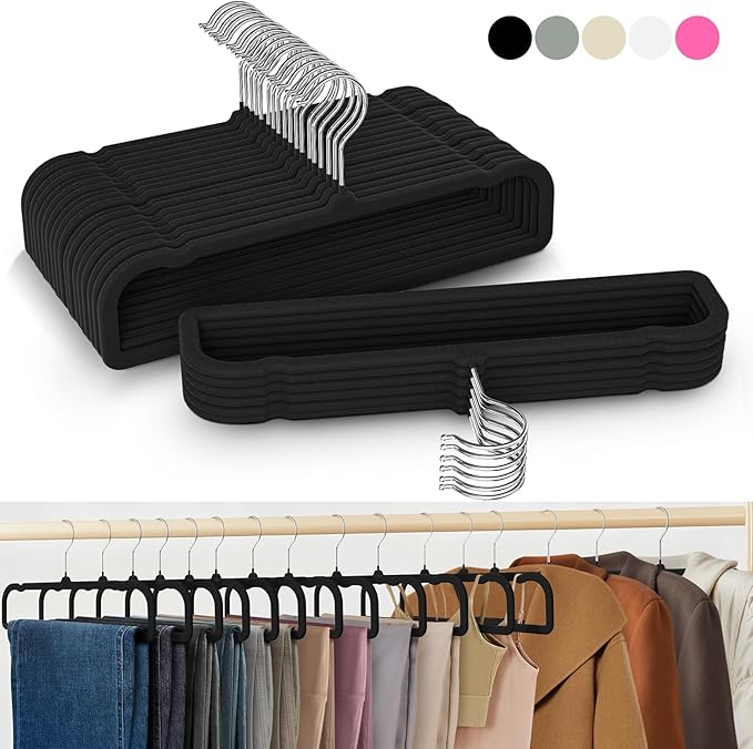 50 Pack Black Velvet Hangers Non Slip, Felt Pants Hangers Thin Space Saving Clothes Hanger Flocked Strong Durable Ganchos para Colgar Ropa with 360°Swivel Hook for Pants Jeans Shorts Skirts Tank Top
