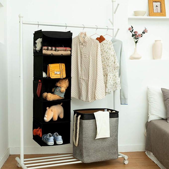 2 Pack Hanging Closet Organizer, 5 Shelves Hanging Storage with 6 Side Pockets for Clothes Shoes, 43"x12"x12"(Black)