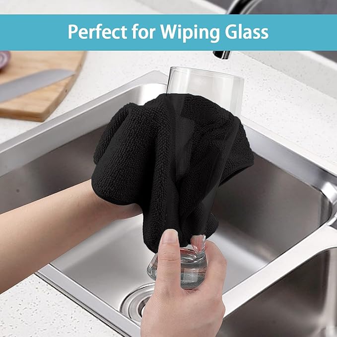 HOMEXCEL Black Microfiber Cleaning Cloth, 8 Pack Cleaning Towels for Kitchen, Lint Free, Scratch-Free, Highly Absorbent, and Reusable Cleaning Rags for House, Window and Glass, Cars, 11.5 X11.5 inch