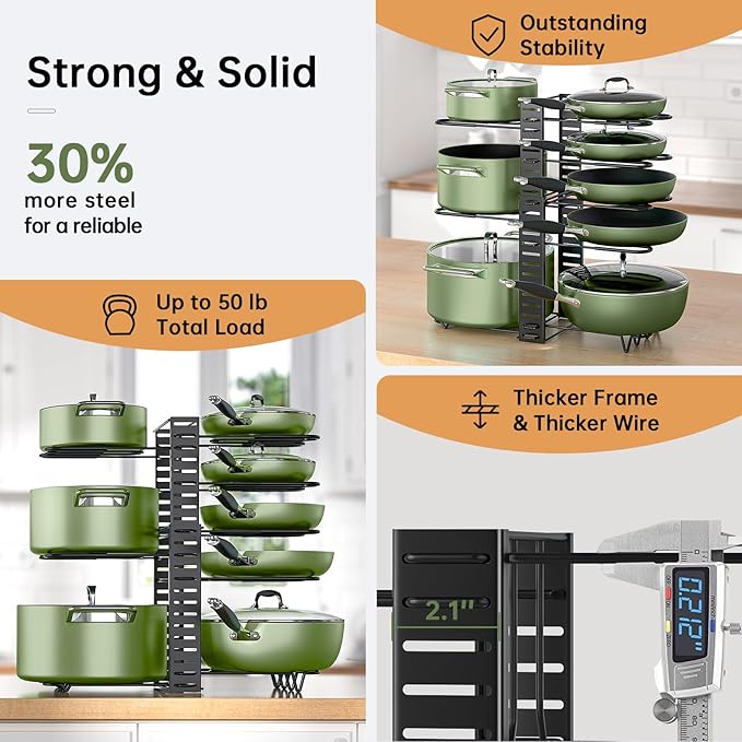 MUDEELA Pots and Pans Organizer Rack for under Cabinet, 8-Tiers Adjustable Pot Rack with 3 DIY Methods, Expandable 11.65'' to 19" Pot Lid Organizer for Kitchen Pantry Cabinet Organization and Storage