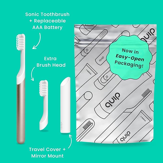 Quip Metal Sonic Electric Toothbrush for Adults - Time Travel & Soft Bristles with Travel Case & Replacement Brush Head - 3 Month Battery Life - Dawn Peach Gold