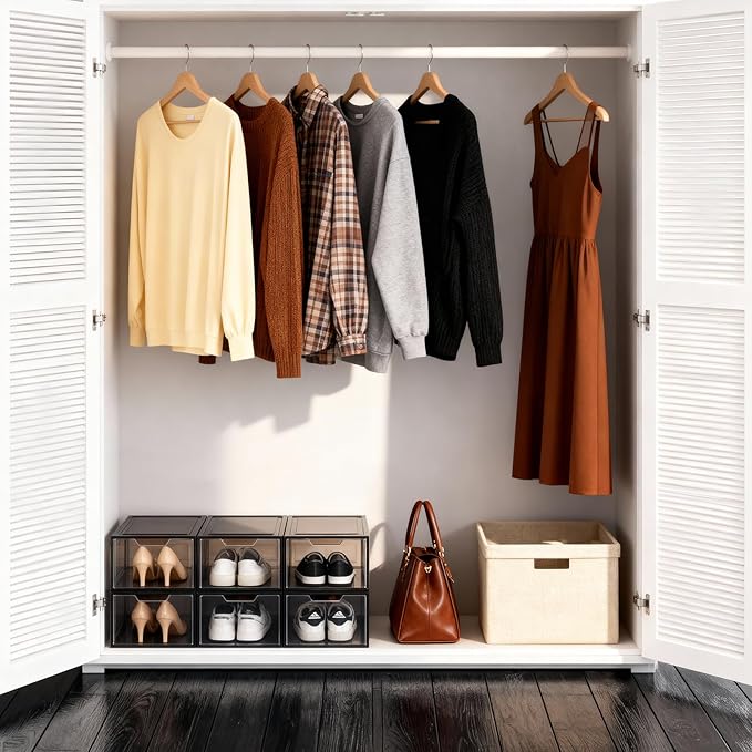 Shoe Boxes Shoe Storage Boxes Display Boxes with Magnetic Doors and Stackable Design, Ideal for Hallways, Under Beds, Wardrobes, and Living Rooms (Magnetic Door-Black, 6 Pack)
