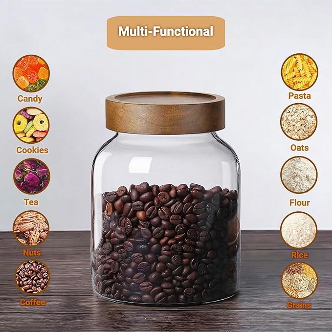 50 Fl oz/1500 ml Clear Glass Jar with Airtight Wooden Screw Lid, Glass Pantry Canister for 500g Coffee Beans, Kitchen Food Storage Containers for Rice,Flour,Pasta,Sugar,Honey,Tea, Spice,Cereal