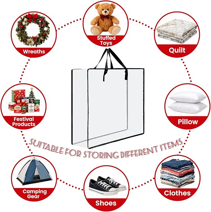 Wreath Storage Bag, 26 Inches Wreath Storage Container Christmas Decoration Garland Container Clear Storage Bags Moving Bag for Wreaths Clothes Gift Pillow Under Bed Storage (Transparent - 2 PACK)