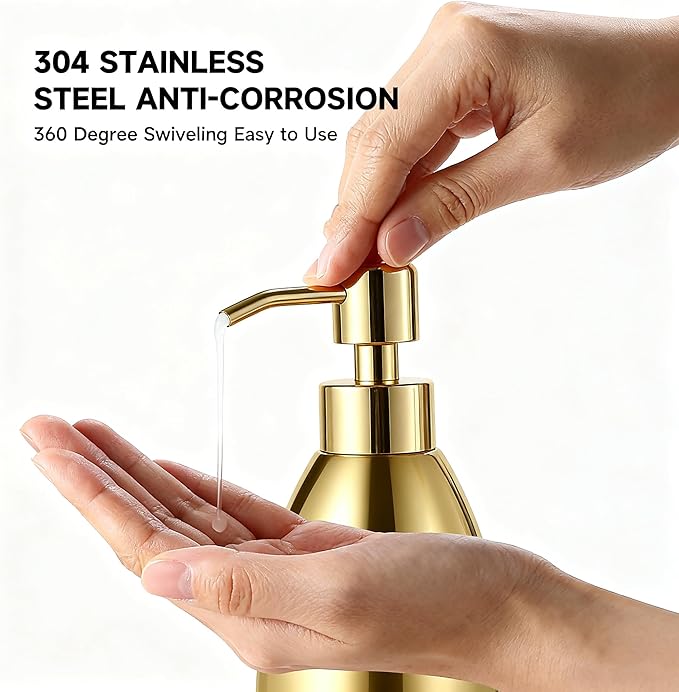 304 Stainless Steel Soap Dispenser 16oz Rust-Proof Liquid Soap Pump Bottle for Kitchen or Bathroom Countertop Hand Dish Lotion Leak-Proof (Polished Gold)