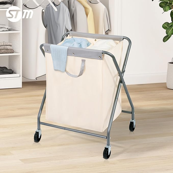 STORAGE MANIAC 125L Collapsible Laundry Hamper with Wheels, Rolling Laundry Basket, Heavy Duty Cloth Sorter with Removable Bag, Folding X Frame Clothes Organizer Cart for Easy to Store, 2 Section