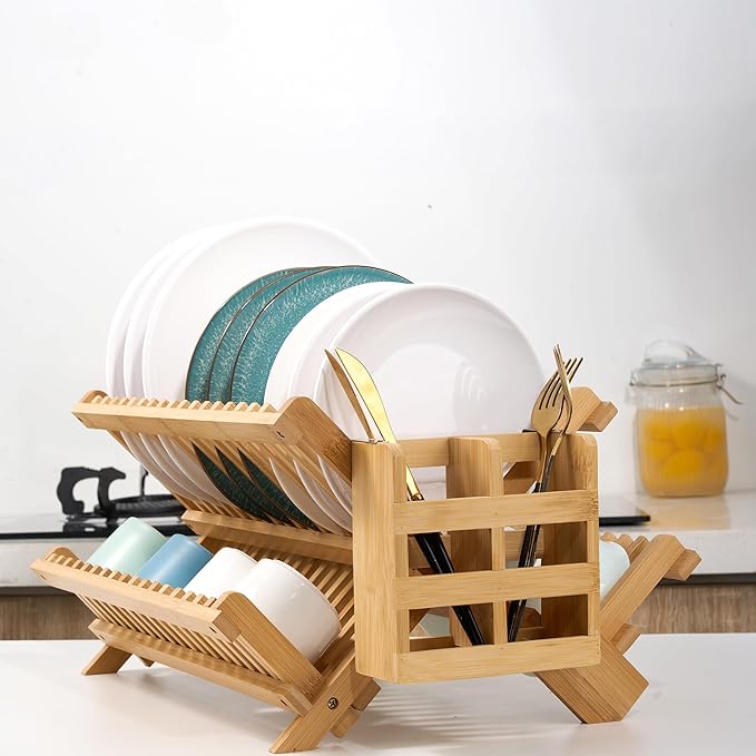 Bmaboo Dish Drying Rack for Kitchen Counter 3-Tier Collapsible Wooden Dish Drying Rack with Utensil Holder Dish Drainer Large Folding Dish Rack with Utensils Flatware Holder 51 pcs Grid