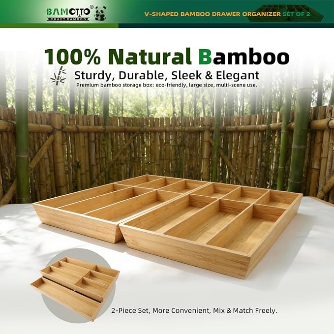 13 Slot V-Shaped Bamboo Drawer Organizer Set of 2, Extra Large Cutlery Tray - Easy Reach Flatware Silverware Utensil Storage for Kitchen (19.6"x14.6" & 19.6"x12.4")