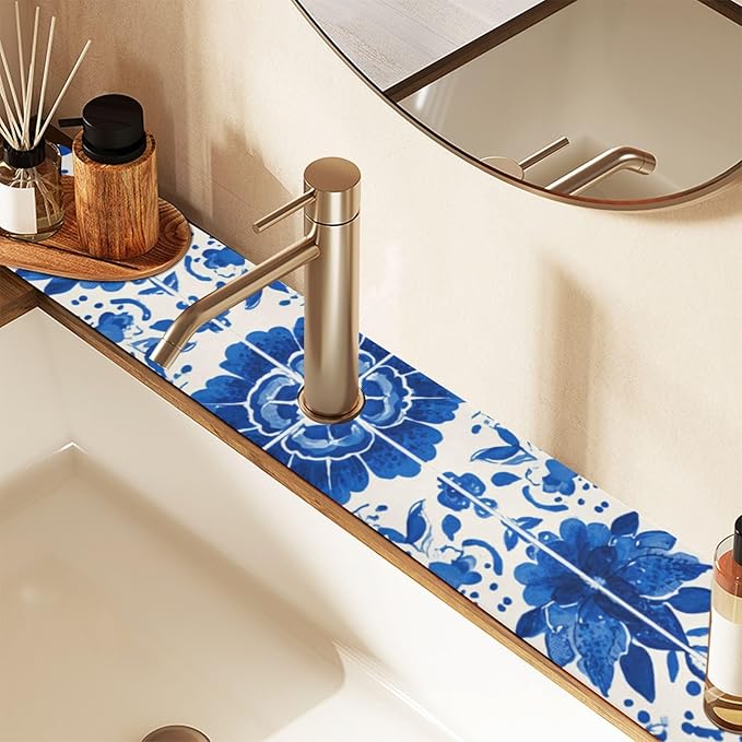 Kitchen Sink Splash Guard 2 PCS 14.7 Inch Sink Faucet Mat Splash Guard for Bathroom Countertop Water Absorbent Foldable Cuttable Soft Washable Floral Blue and White Tile