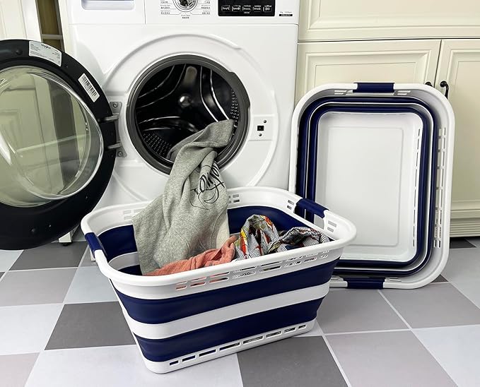 SAMMART 42L (11 Gallons) Collapsible Plastic Laundry Basket - Foldable Pop Up Storage Container/Organizer - Portable Washing Tub - Space Saving Hamper/Basket [BPA Free] (White/Starry Blue (Set of 2))
