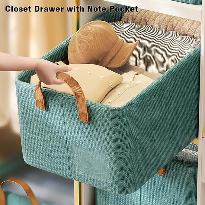 AARAINBOW 4 Pcs Closet Clothes Organizer with Handle, Fabric storage Box with Steel Frame Stackable Shelf Storage Baskets Foldable Storage Baskets for Organizing Clothes Jeans, 23L (4 Green)