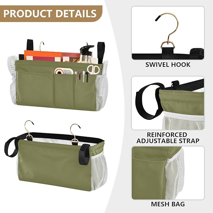 KOPIRIT Olive Color Bedside Caddy Storage Bag Bedside Organizer for Dorm Room Top Bunk Bed Bedside Shelf Hanging Organizer 6 Pockets with Hooks for Glasses Book Tablet Holder