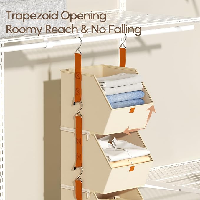 Collapsible Hanging Closet Organizer - 3 Tier Closet Shelves Storage System with Hooks, Fabric Hanging Storage Bins for Clothes, Foldable Storage Basket for Laundry, Bedroom, Rv, Beige
