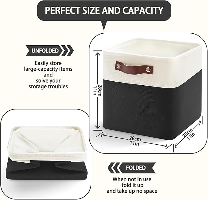 4-Pack Foldable Fabric Storage Cubes 11x11 Inch, Sturdy Cube Organizer Bins with Leather Handles, Storage Baskets for Closet Shelves and Home Organization(White/Black)