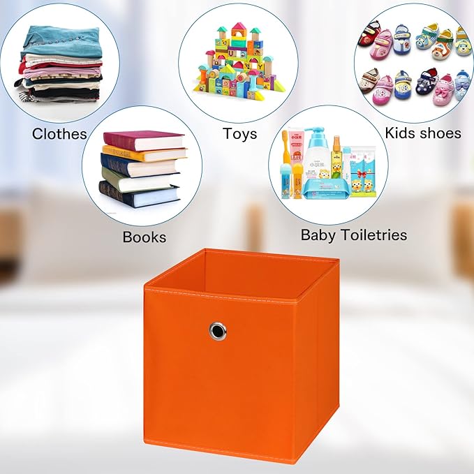 Fabric Cubes Storage Containers ,11 Inch Cloth Storage CubeFoldable Storage Bins Cubes Organizer Baskets with Dual Handles for Shelf Closet Set of 6,(Orange)