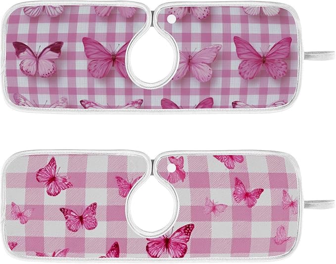 Sink Faucet Absorbing Mat Kitchen Sink Splash Guard Splash Faucet Drip Catcher for Bar RV Bathroom 2PCS 23.6x5.5in Checkered Pink and White Butterflies