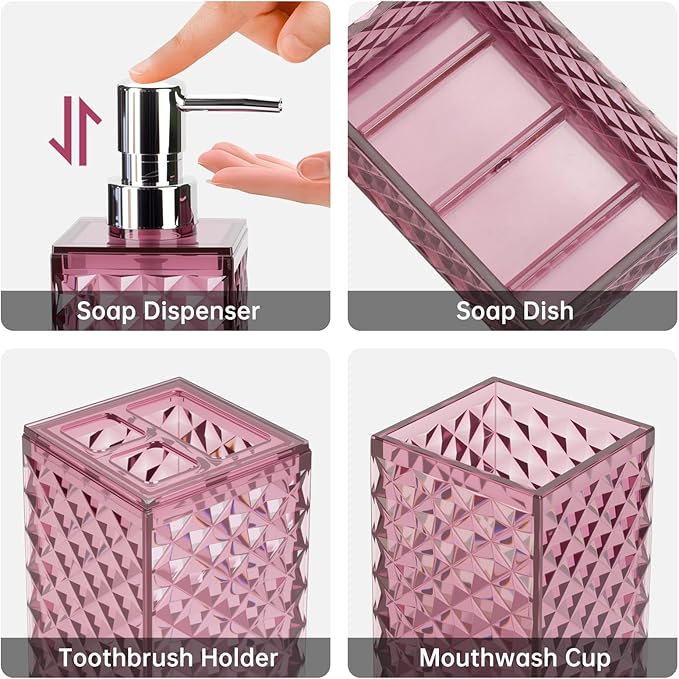 Bathroom Accessory Set, Grid Pattern 4 Pcs Plastic Bathroom Set Include Soap Dispenser, Soap Dish, Toothbrush Holder, Mousewash Cup, Modern Bahtroom Décor Set(Burgundy)