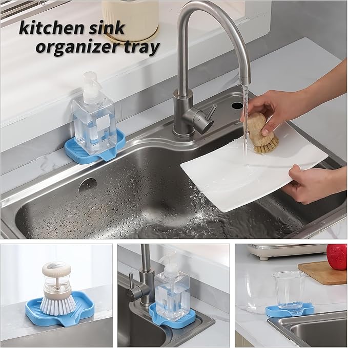 MicoYang Silicone Bathroom Soap Dishes with Drain Spout-Bathroom and Kitchen Sink Organizer,Sponge Holder,Dish Soap Tray,Perfect for Dispenser,Scrubber,Bottle on Sink or Counter-Light Blue 4.9"×3.2"