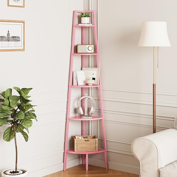 Yoobure Corner Shelf, 5-Tier Corner Bookshelf with Metal Frame, Ladder Corner Shelves Display Shelf for Bedroom Living Room, Tall Corner Bookcase Corner Plant Stand, Wood Small Corner Shelf Stand Home