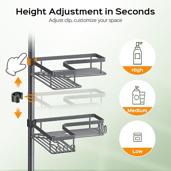HAMITOR Corner Bathroom Shower Caddy: 4-Tier Rustproof Shampoo Organizer Shelf with Soap Holder - No-Drill Adjustable Standing Tension Pole Rack for Family Homeowners - Space-Saving - 47-123 Inch Gray