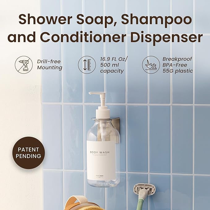 MaisoNovo Shampoo and Conditioner Dispenser - Shower Soap Dispenser Wall Mounted - 16.9 fl oz Set of 1 Clear Plastic Bottles White Pump - 1 Chamber No Drill