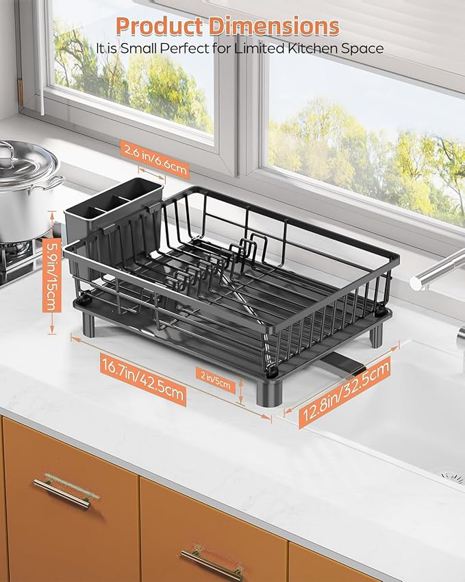 Dish Drying Rack, Stainless Steel Drainer Rack with Drainboard with Smart Drainage System, Space Saving Dish Strainer for Kitchen Counter with Cutlery Holder, Black