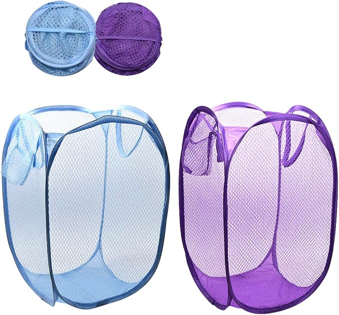 RZJZGZ Foldable Pop-Up Mesh Laundry Hamper with Side Pocket Clothes Laundry Basket Storage Bag with Carry Handles for Dirty Clothes (2 Pack)