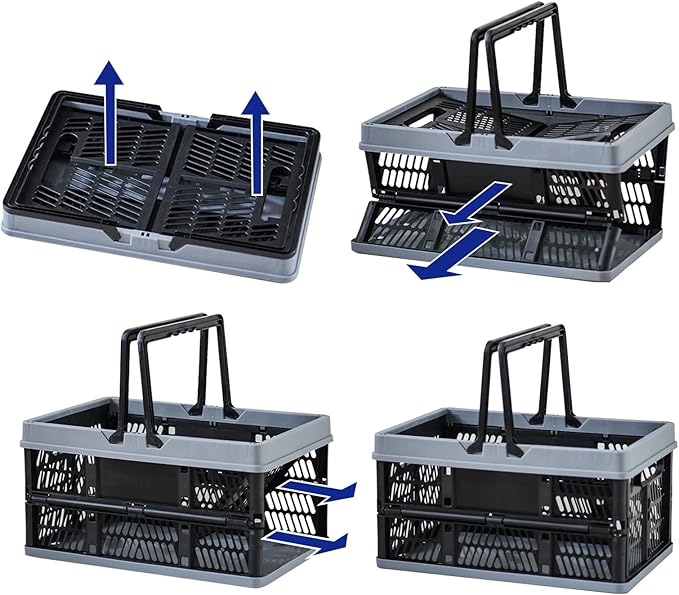 crates for storage,plastic baskets for organizing,collapsible shopping basket,foldable crate with Handles,collapsible storage crate,car basket,for Kitchen,Bathroom,Medicine (Black, S)