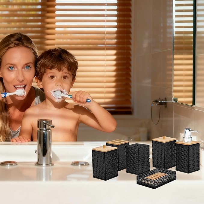 Bathroom Accessory Set,6 Pcs Black Bathroom Set Include Soap Dispenser, Qtip Holder Dispenser, Soap Dish,Toothbrush Holder & Mouthwash Cup.Boho Bathroom Set