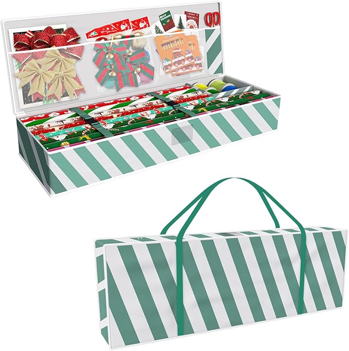 Safana Wrapping Paper Organizer Storage Bag, 42" Durable 600d Oxford Wrapping Organizer Box Under Bed Storage Containers for Decorations Paper Rolls, Ribbons, Balls, Bows (Green Stripe)