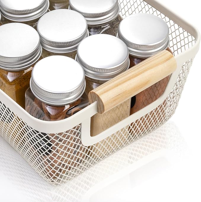 3 Pack Metal Mesh Baskets with Wood Handle, Iron Storage Organizer Basket, Cream White Wire Countertop Baskets for Organizing, Cabinet Pantry Closet Bedroom Kitchen(3 Size)