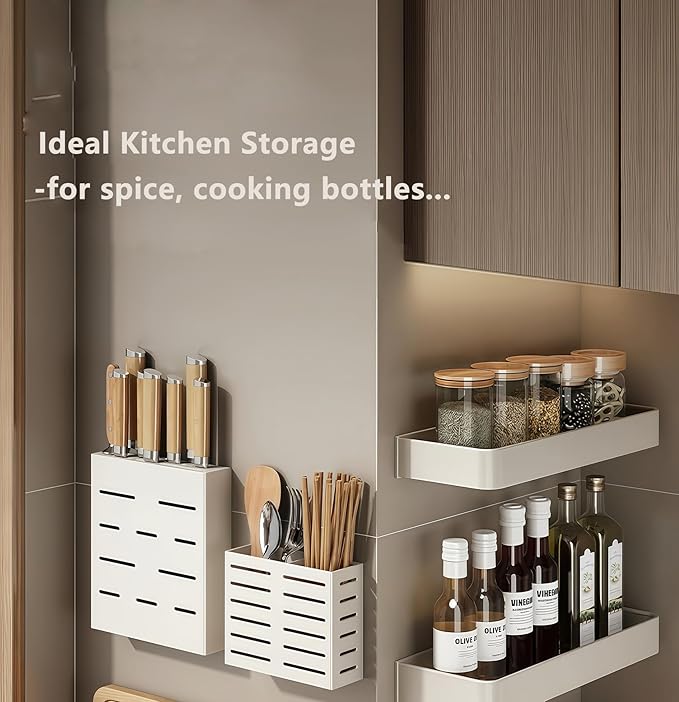 SEIDO Space-Saving Kitchen Utensil Holder | No-Drill Shelf Organizer | Wall Mount Spice Rack with Hooks & Bar for Bathroom | Space Aluminum | 24 Inch Long | White