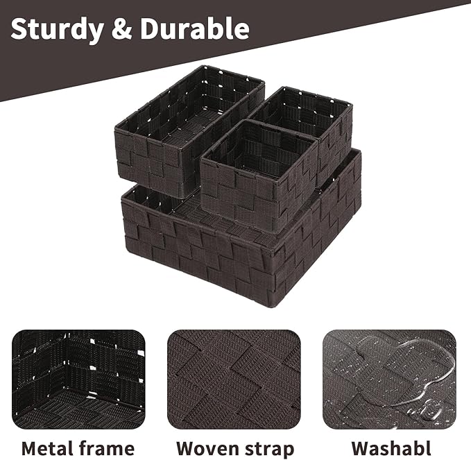 Storage Bins Woven Organizer Set of 4 – Polypropylene Storage Baskets with Metal Frame, Stackable Fabric Boxes for Drawers, Closet, Shelf, Nursery and Office, Brown