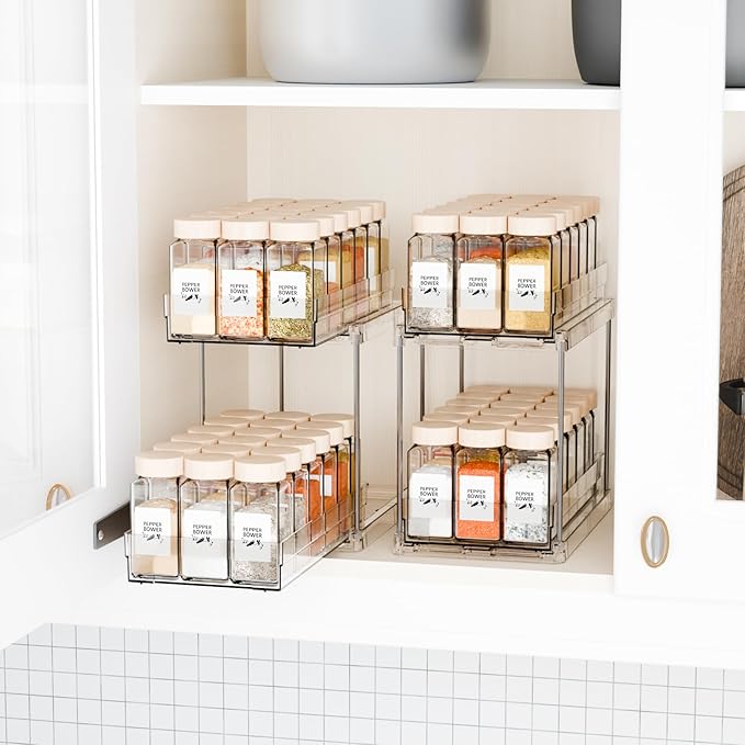 Yieach 2 Pack 2 Tier Vertical Spice Rack Pull Out,10.4'' Deep Narrow Slide Out Spice Rack Organizer for Inside Cabinets,Kitchen,Pantry,Cupboard Seasoning,Can,Jar Organizer and Medicine Cabinet Storage