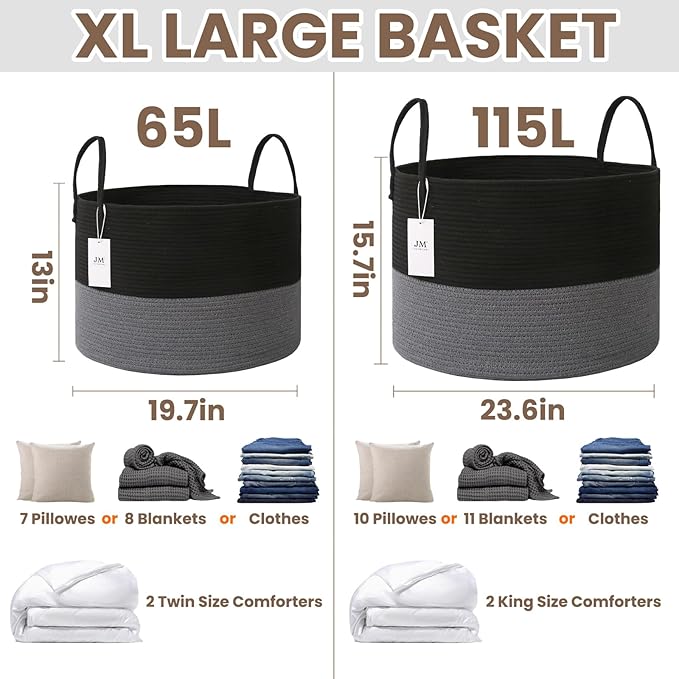 65L Extra Large Blanket Basket for Living Room - Woven Cotton Rope Laundry Hamper with Reinforced Handles - Storage Bin for Pillows, Comforters & Toys - Machine Washable,Black&Grey
