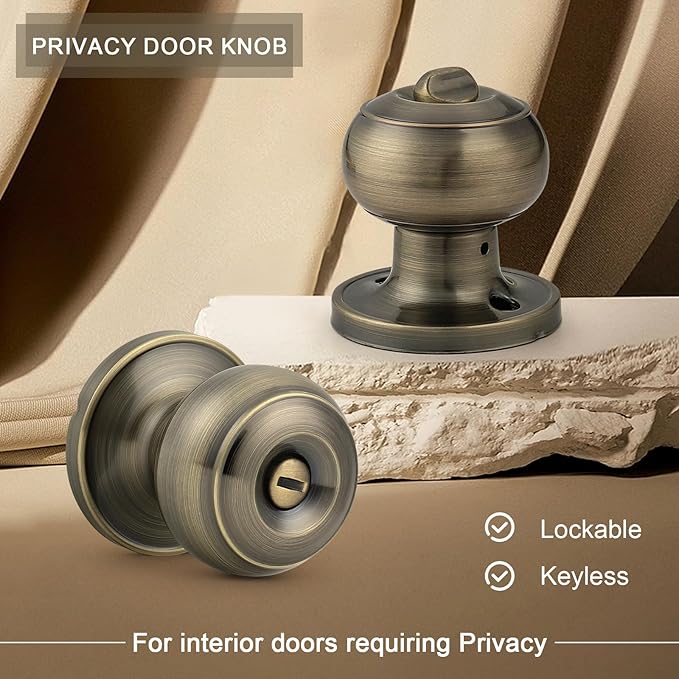 Probrico Privacy Door Knobs Lock Interior Bedroom Bathroom Door Handle Antique Brass Round Ball Keyless Lockset 2 Pack